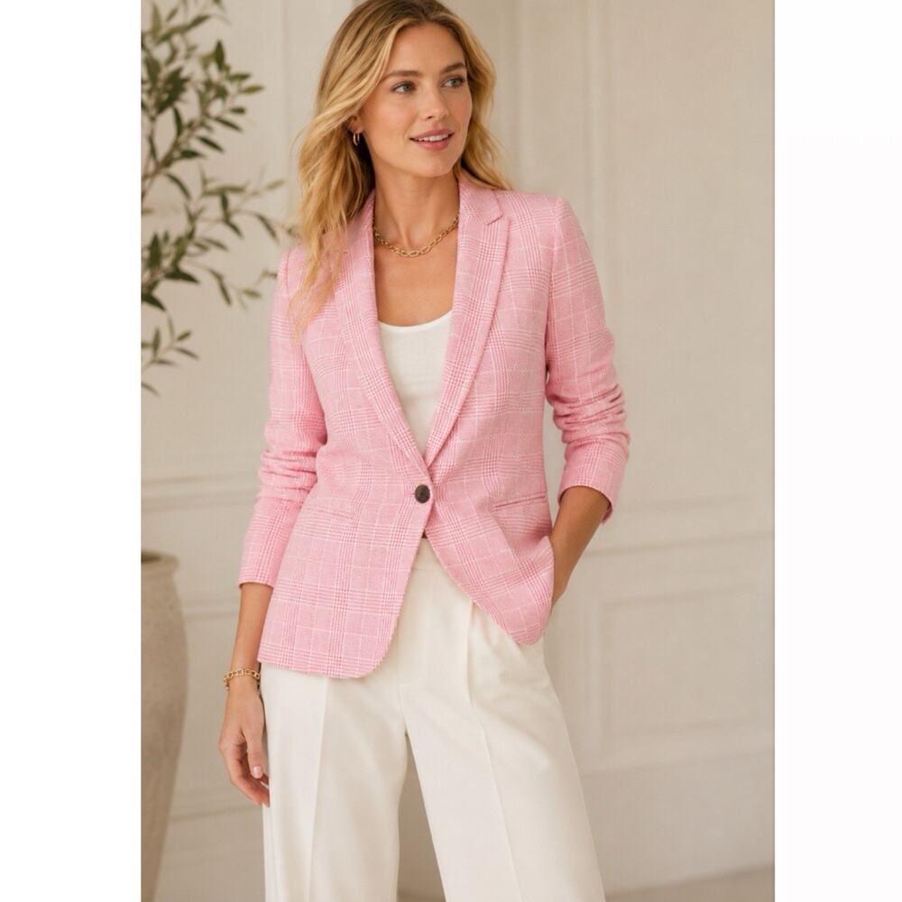 J Crew Plaid One-button Blazer Linen Blend White Pink Himalayan Spice Size 6